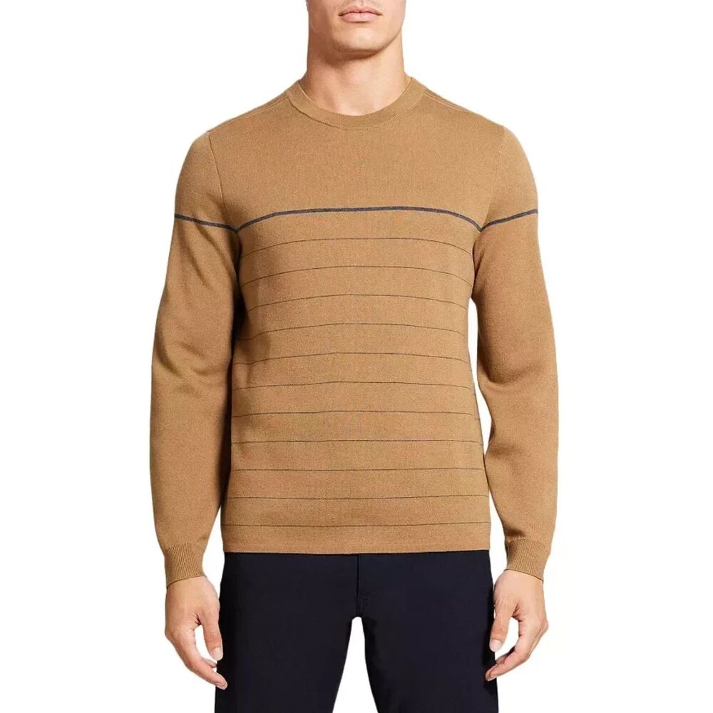 THEORY Mens Sweater XXL Tan Pullover Crew Stripe Merino Wool ARNAUD $285